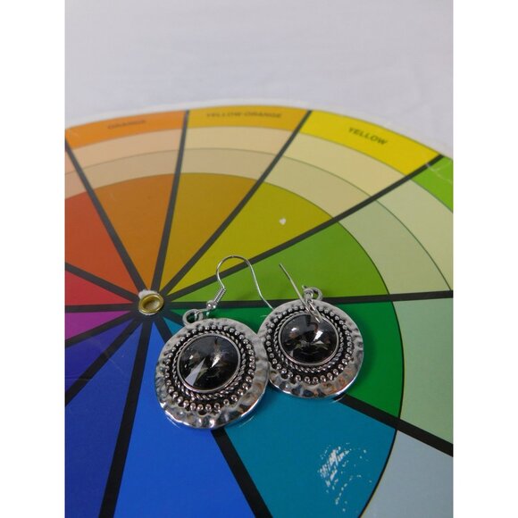 Boho Dangle Earrings Silver Tone Faceted Black Stone Statement Beaded Pierced Wo - Picture 6 of 7